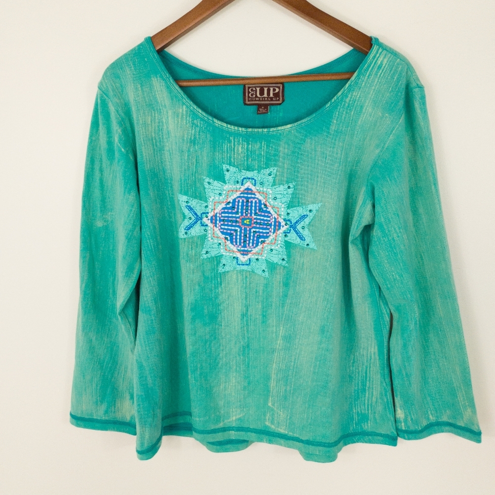 Cowgirl Up Turquoise Geometric Embroidered 3/4 Sleeve Top Medium